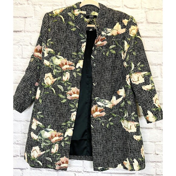 Dennis Basso Womens Size 16 Jacket Coat Woven Brocade Floral Black Snap Front - Picture 6 of 13
